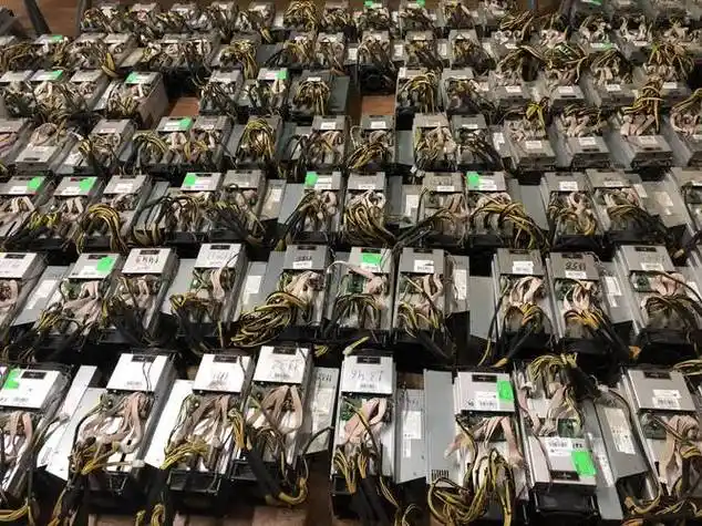 Expansive cryptocurrency mining farm with rows of connected mining machines