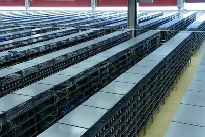 A modern mining farm, showcasing rows of mining rigs and sophisticated cooling systems.