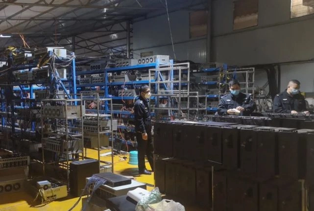 A well-organized mining farm with rows of mining rigs humming efficiently