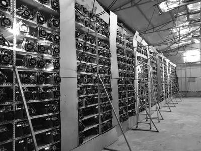 A sprawling Bitcoin mining farm with rows of mining rigs working tirelessly