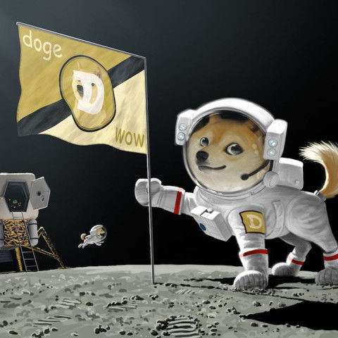Dogecoin logo with a background depicting crypto trading